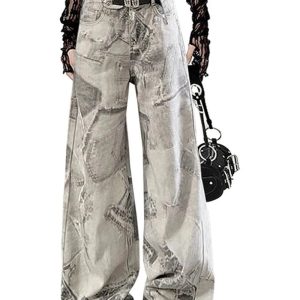 Grunge Washed Graffiti Wide-Leg Jeans - 2000s Fashion Nostalgia Outfit