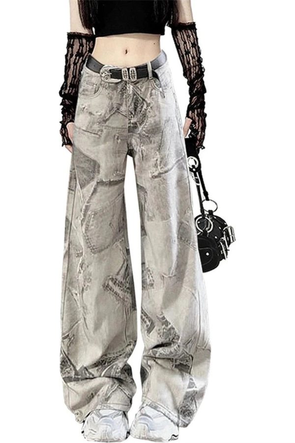 Grunge Washed Graffiti Wide-Leg Jeans - 2000s Fashion Nostalgia Outfit