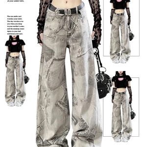 Grunge Washed Graffiti Wide-Leg Jeans - 2000s Fashion Nostalgia Outfit