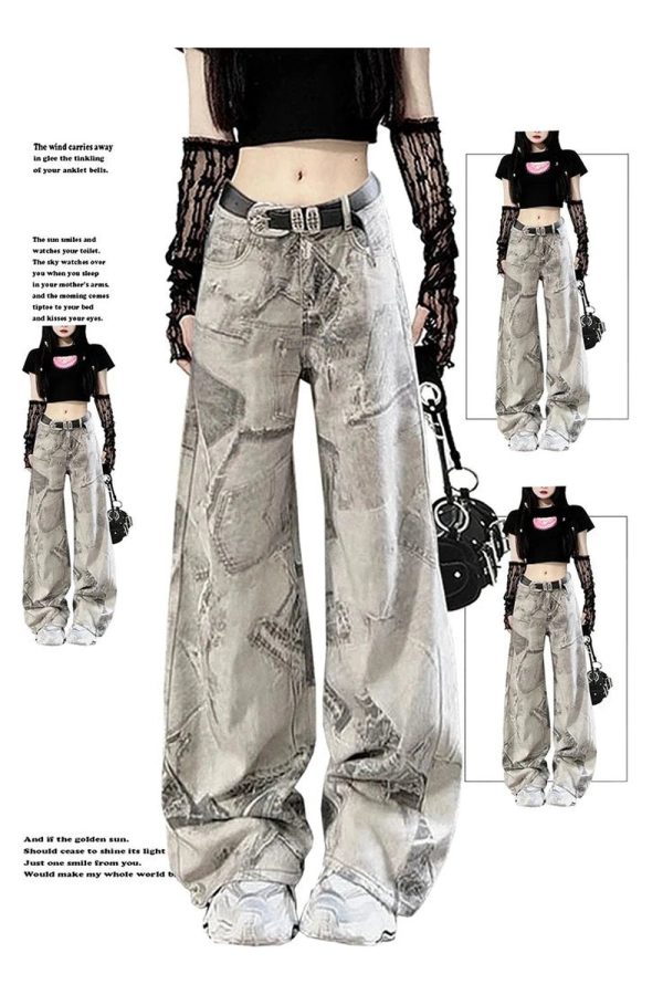 Grunge Washed Graffiti Wide-Leg Jeans - 2000s Fashion Nostalgia Outfit