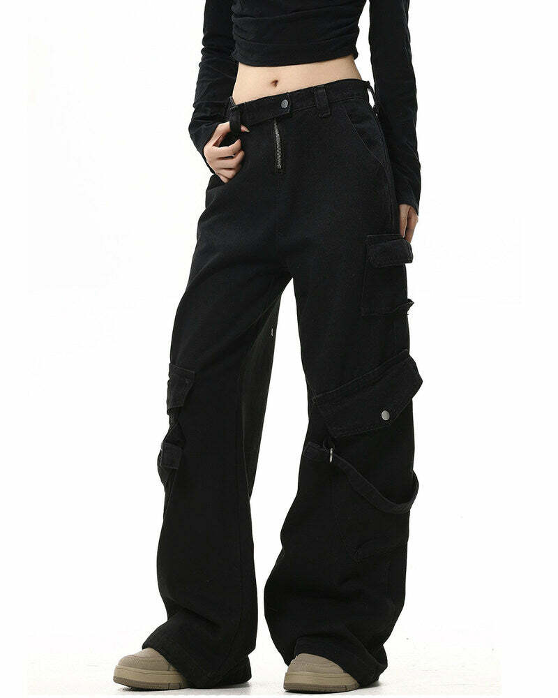 Hashtag Drama Black Cargo Jeans - 2000s Fashion, Y2K Aesthetic Outfit