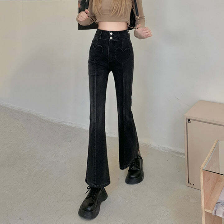 Heart Crush Flare Cropped Jeans - 2000s Fashion, Y2K Aesthetic Outfit