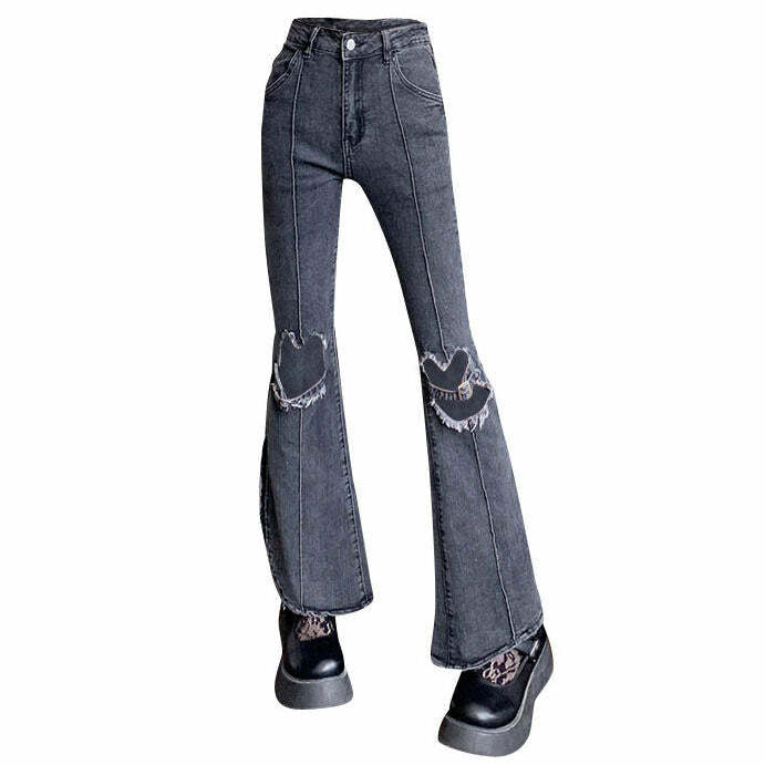 Heart Cut Out Grunge Flare Jeans - 2000s Fashion Nostalgia Outfit