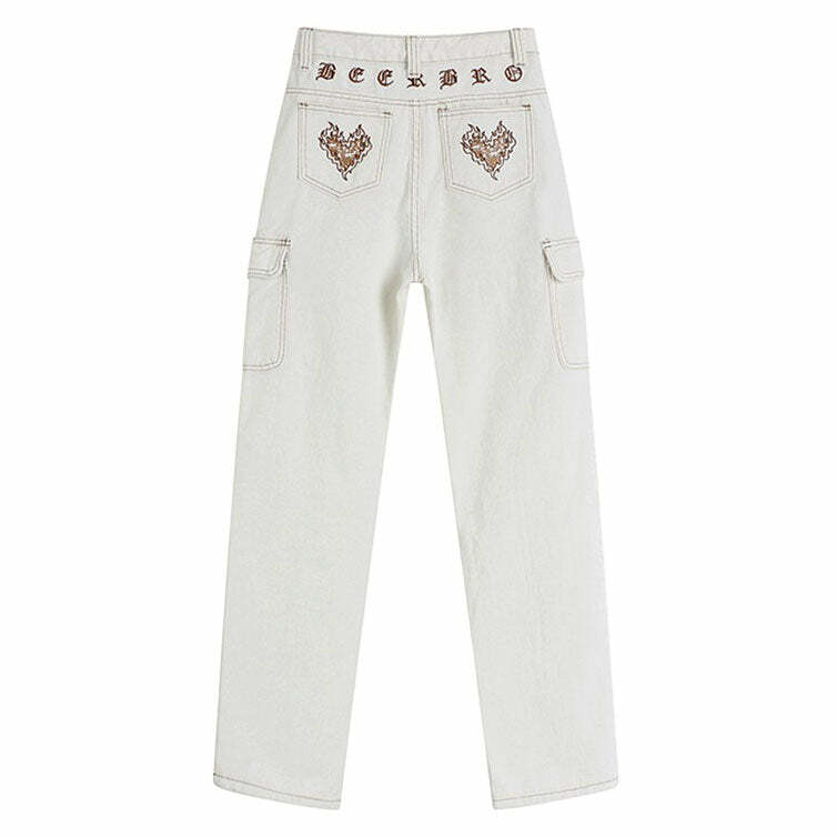 Heart Embroidery Cargo Jeans - 2000s Fashion, Y2K Aesthetic Outfit