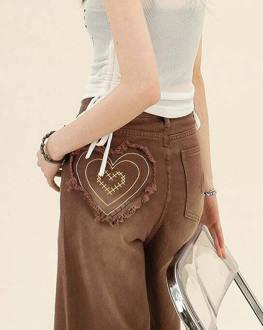 Heart Pocket Brown Jeans - 2000s Fashion, Nostalgia Outfits, Y2K Style