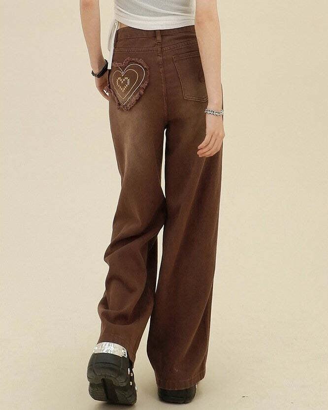 Heart Pocket Brown Jeans - 2000s Fashion, Nostalgia Outfits, Y2K Style