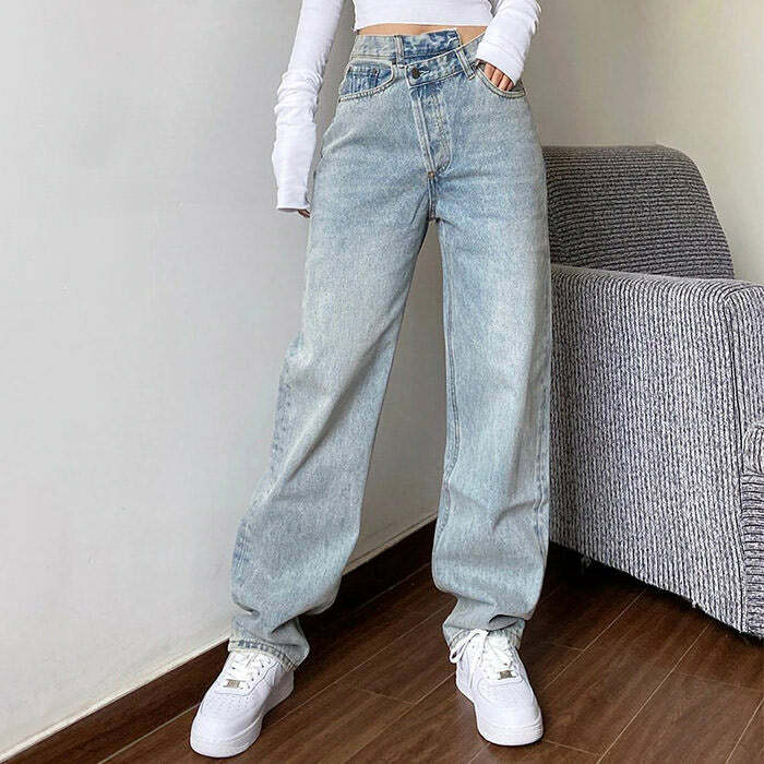 High Rise Straight Leg Jeans - 2000s Fashion, Y2K Aesthetic Outfit