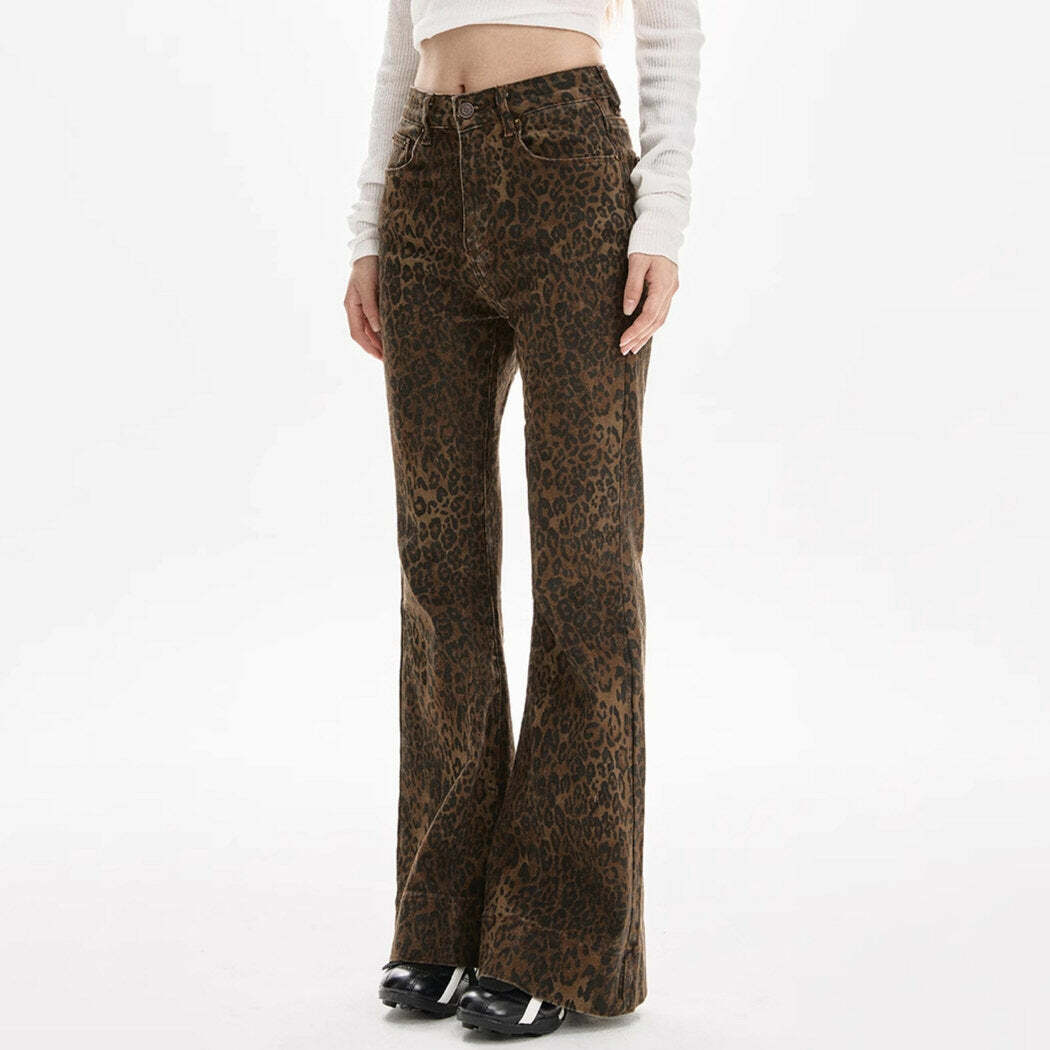 High-Waisted Leopard Flare Jeans - 2000s Fashion, Y2K Aesthetic Outfit