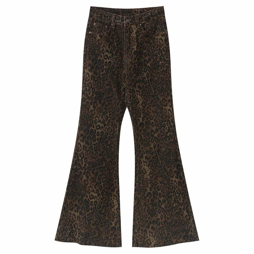 High-Waisted Leopard Flare Jeans - 2000s Fashion, Y2K Aesthetic Outfit