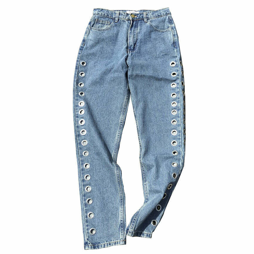 Holed Up Grommet Jeans - 2000s Fashion, Nostalgia 2000s Outfits, Y2K Style