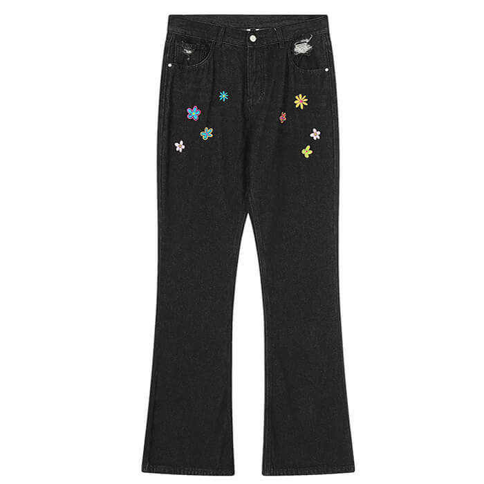 Indie Aesthetic Flower Embroidery Jeans - 2000s Fashion Inspired Outfit