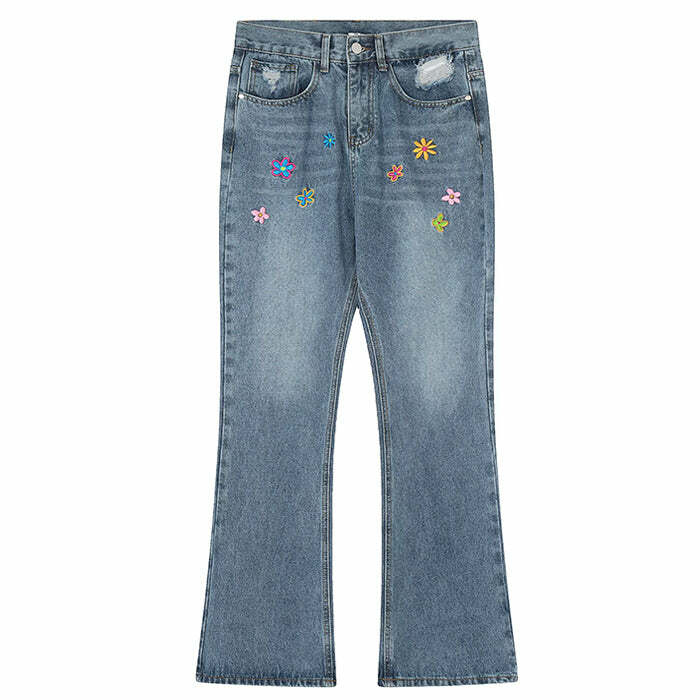 Indie Aesthetic Flower Embroidery Jeans - 2000s Fashion Inspired Outfit