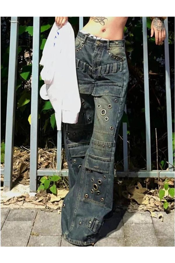 Industrial Grommet Cargo Jeans - 2000s Fashion, Y2K Aesthetic Outfit