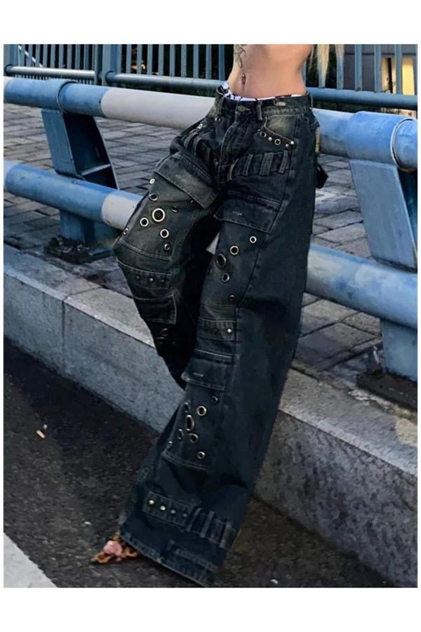 Industrial Grommet Cargo Jeans - 2000s Fashion, Y2K Aesthetic Outfit