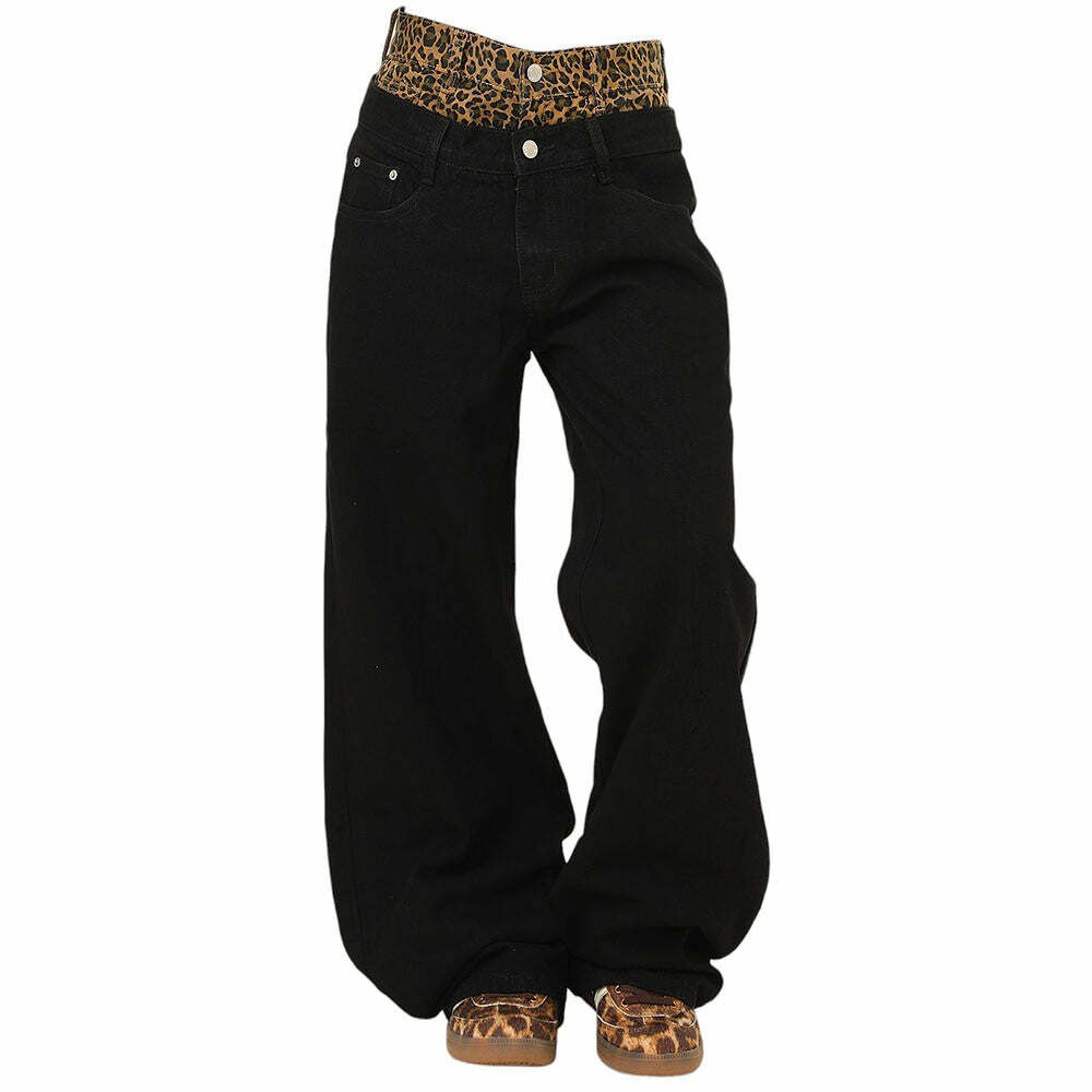 Inner Leopard Layered Jeans - 2000s Fashion, Y2K Aesthetic Outfit