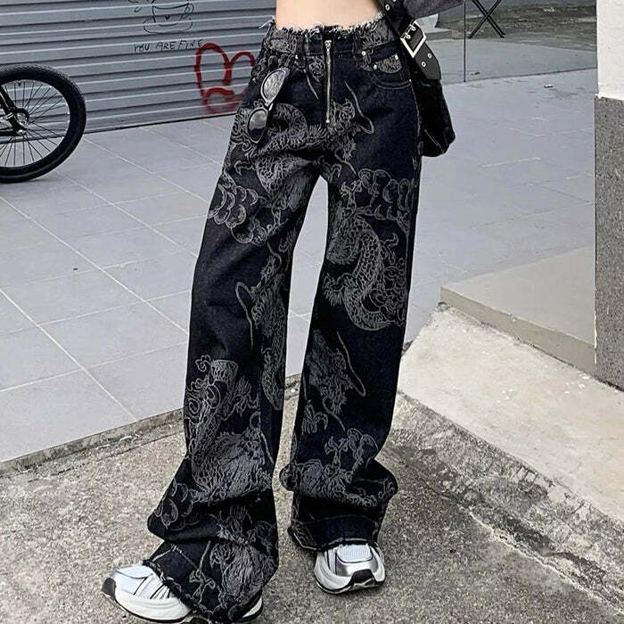 Japanese Dragon Aesthetic Jeans - 2000s Fashion Inspired Outfit