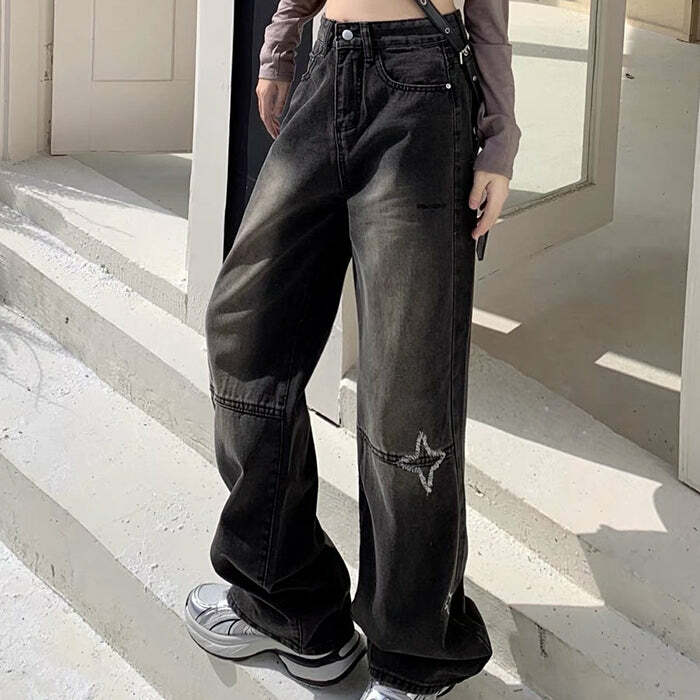 Knee Star Black Jeans - 2000s Fashion, Y2K Aesthetic, Vintage Style