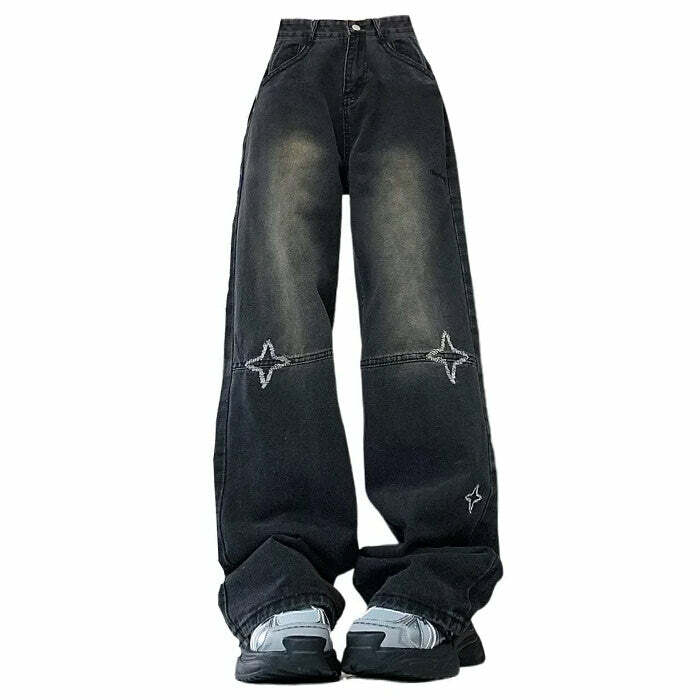 Knee Star Black Jeans - 2000s Fashion, Y2K Aesthetic, Vintage Style