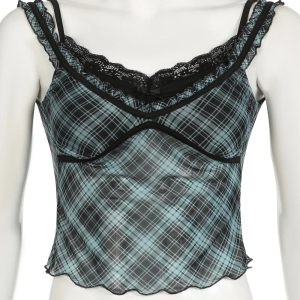 Lace-Trim Plaid Mesh Top - 2000s Fashion, Y2K Aesthetic, Vintage Style