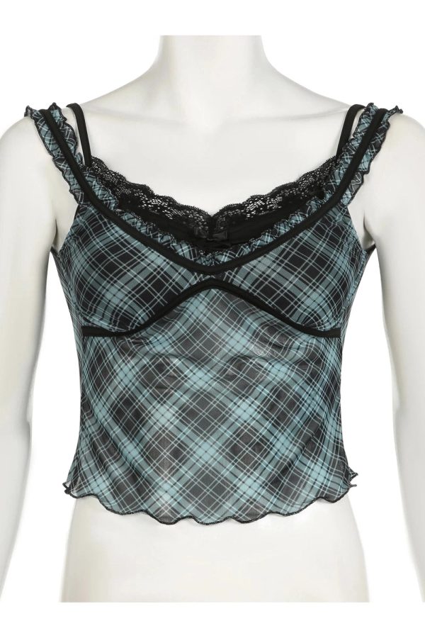 Lace-Trim Plaid Mesh Top - 2000s Fashion, Y2K Aesthetic, Vintage Style