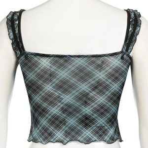 Lace-Trim Plaid Mesh Top - 2000s Fashion, Y2K Aesthetic, Vintage Style