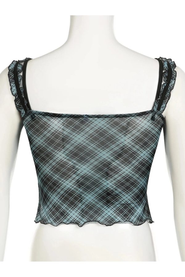 Lace-Trim Plaid Mesh Top - 2000s Fashion, Y2K Aesthetic, Vintage Style