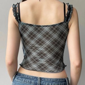 Lace-Trim Plaid Mesh Top - 2000s Fashion, Y2K Aesthetic, Vintage Style