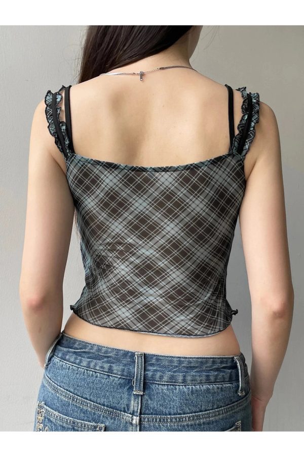 Lace-Trim Plaid Mesh Top - 2000s Fashion, Y2K Aesthetic, Vintage Style