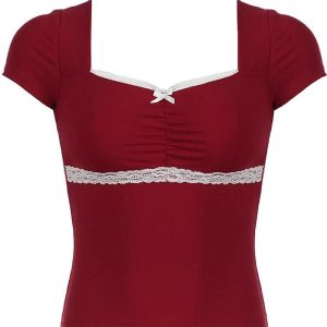 Lace-Trim Sweetheart Ruched Top - 2000s Fashion Inspired Women's Top