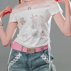 Lace-Trimmed Off-Shoulder Graphic Top for 2000s Fashion Nostalgia