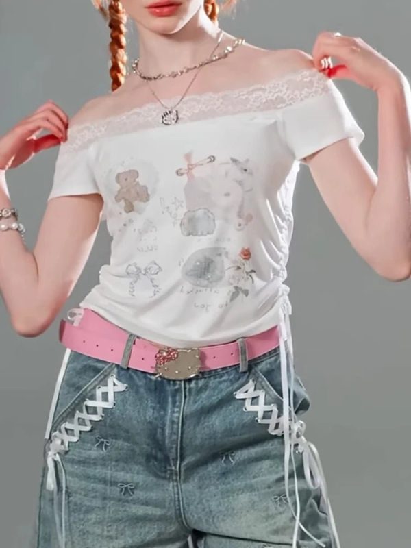 Lace-Trimmed Off-Shoulder Graphic Top for 2000s Fashion Nostalgia