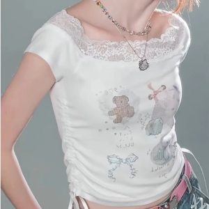 Lace-Trimmed Off-Shoulder Graphic Top for 2000s Fashion Nostalgia