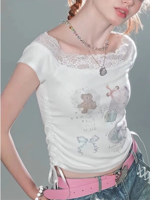 Lace-Trimmed Off-Shoulder Graphic Top for 2000s Fashion Nostalgia