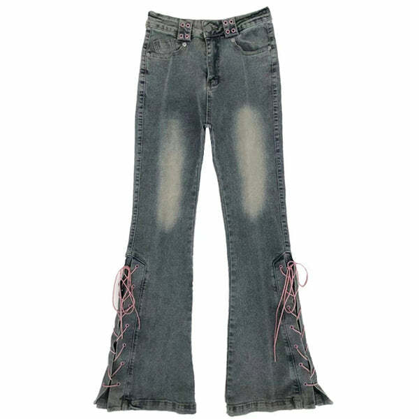 Lace Up Flared Jeans - 2000s Fashion, Nostalgia 2000s Outfits, Y2K Style