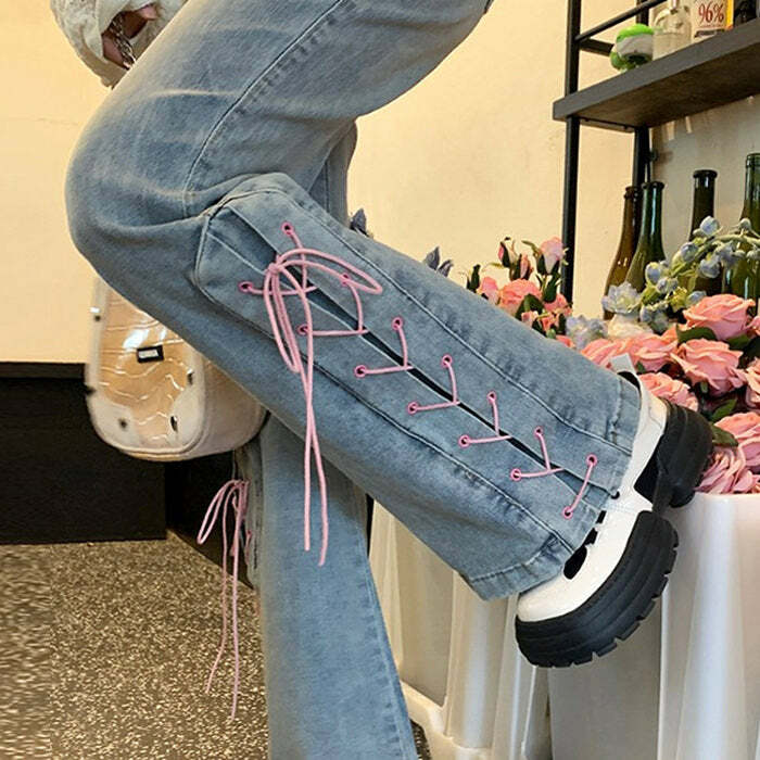 Lace Up Flared Jeans - 2000s Fashion, Nostalgia 2000s Outfits, Y2K Style