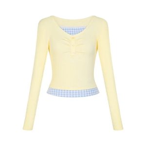 Lemon Gingham Layered Top - 2000s Fashion Inspired Women's Outfit