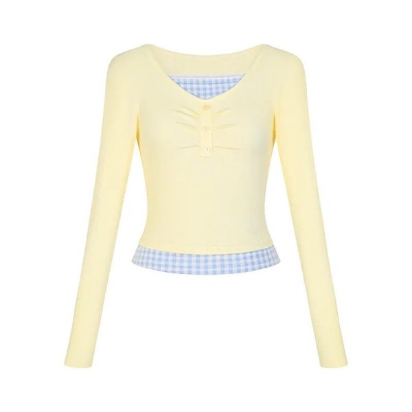 Lemon Gingham Layered Top - 2000s Fashion Inspired Women's Outfit