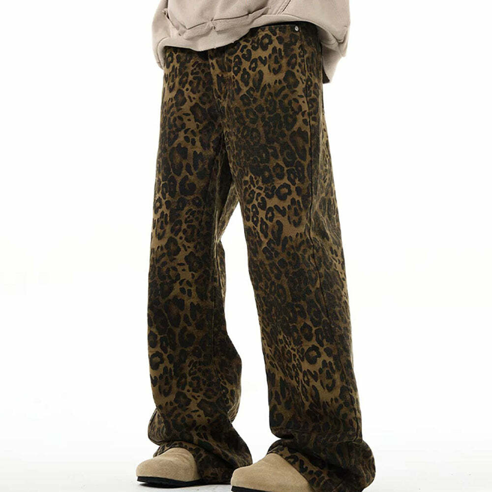 Leopard Wide-Leg Jeans - 2000s Fashion, Y2K Aesthetic, Vintage Style