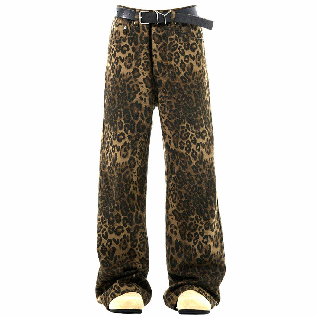 Leopard Wide-Leg Jeans - 2000s Fashion, Y2K Aesthetic, Vintage Style