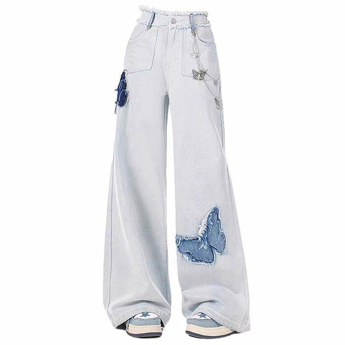 Light Blue Butterfly Aesthetic Jeans - 2000s Fashion Inspired Outfit