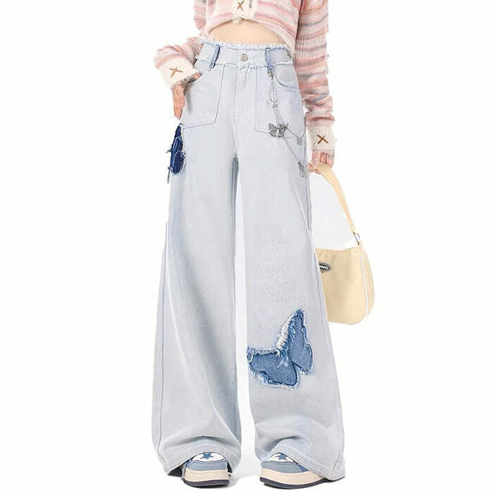 Light Blue Butterfly Aesthetic Jeans - 2000s Fashion Inspired Outfit