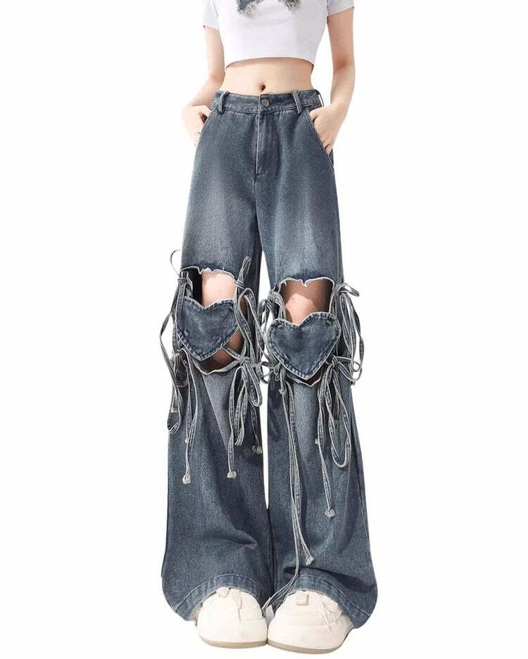 Love Knot Knee-Heart Denim Pants - 2000s Fashion Inspired Outfit