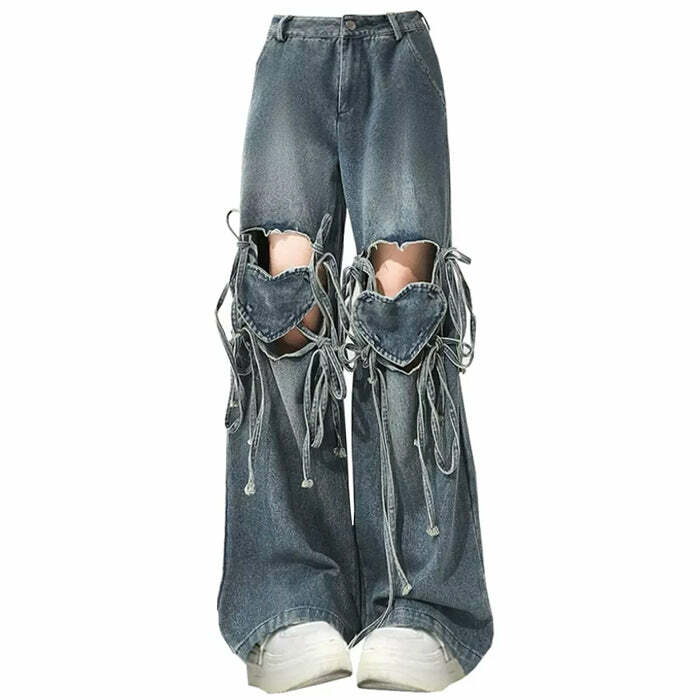 Love Knot Knee-Heart Denim Pants - 2000s Fashion Inspired Outfit