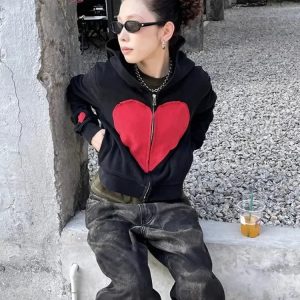 Lovecore Heart Zip-Up Hoodie - 2000s Fashion, Y2K Aesthetic Outfit