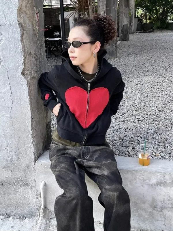 Lovecore Heart Zip-Up Hoodie - 2000s Fashion, Y2K Aesthetic Outfit