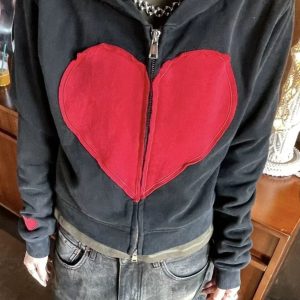 Lovecore Heart Zip-Up Hoodie - 2000s Fashion, Y2K Aesthetic Outfit