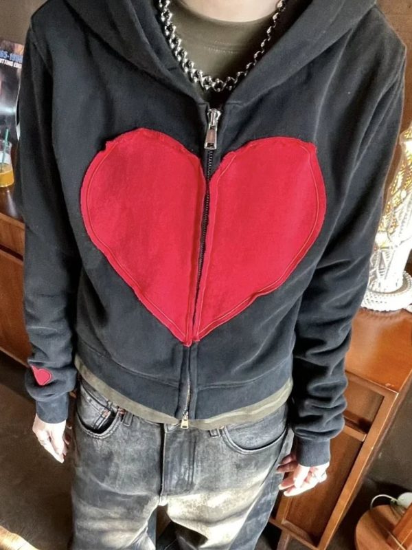 Lovecore Heart Zip-Up Hoodie - 2000s Fashion, Y2K Aesthetic Outfit