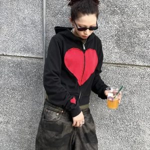 Lovecore Heart Zip-Up Hoodie - 2000s Fashion, Y2K Aesthetic Outfit