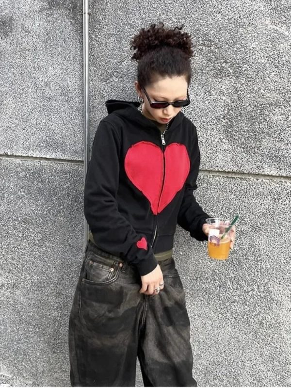 Lovecore Heart Zip-Up Hoodie - 2000s Fashion, Y2K Aesthetic Outfit