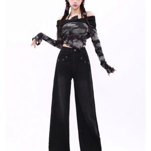 Midnight Wide-Leg Jeans - 2000s Fashion, Y2K Aesthetic, Vintage Style